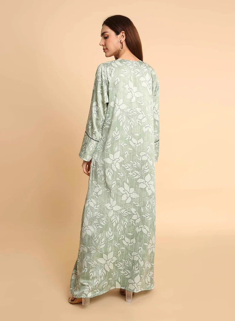 HANA & SARA Women’s Sage Green Floral Arabic Jalabiya with Sophisticated Long Sleeves